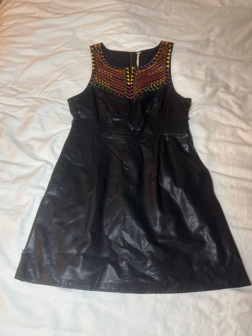 Free People Sleeveless Black Vegan-Leather Dress with Colorful Embroidered Yoke